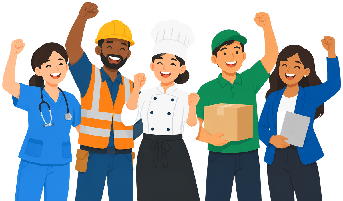 Illustration of employees in different uniforms celebrating
